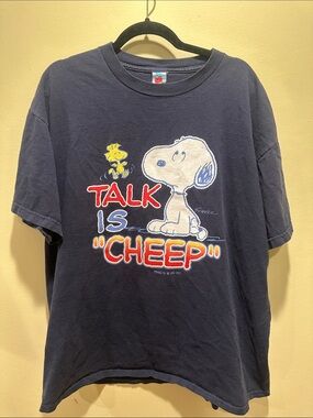 ✗ vintage oversized rare Peanuts Navy Tee with Red Snoopy Doghouse and Yellow Lo